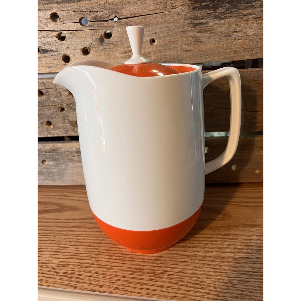 THERMOS VTG Mid Century INSULATED WARE White Orange Hot/Cold Pitcher Carafe Lid‎